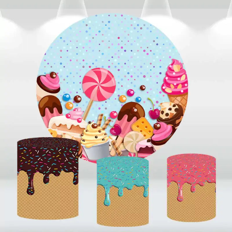 Ice cream and sweets-themed party backdrop with matching cylinder covers