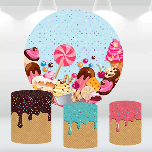 Ice cream and sweets-themed party backdrop with matching cylinder covers