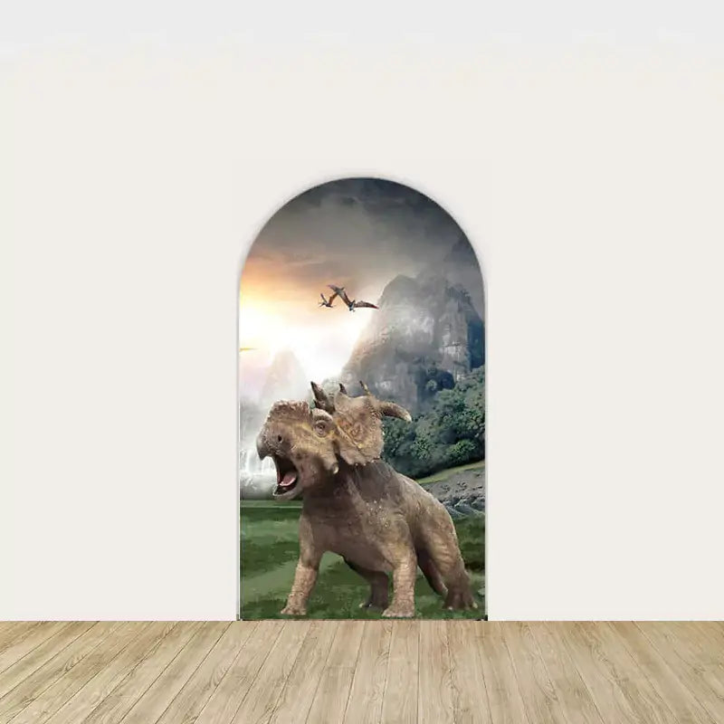 Left arch backdrop with a triceratops roaring in a lush green Jurassic jungle with mountains in the background.