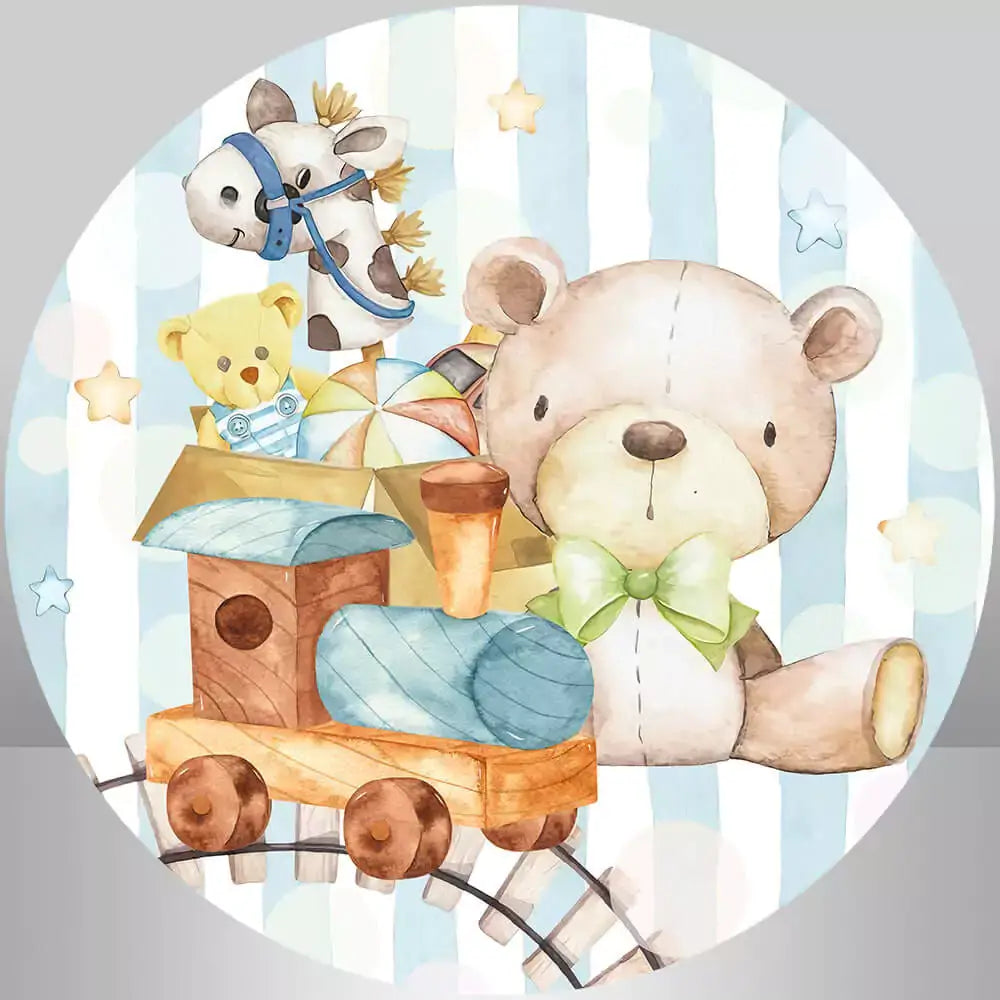 Three cylinder covers with matching toy-themed designs, including toy trains, airplanes, and blocks, perfect for baby showers and kids' parties.