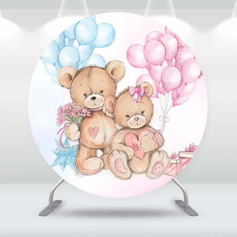 Round teddy bear-themed backdrop featuring two teddy bears with hearts and balloons, perfect for baby showers and gender reveal parties.