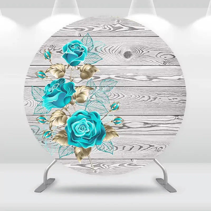Round backdrop featuring turquoise roses and gold leaves set against a rustic wood grain background, perfect for weddings and events.