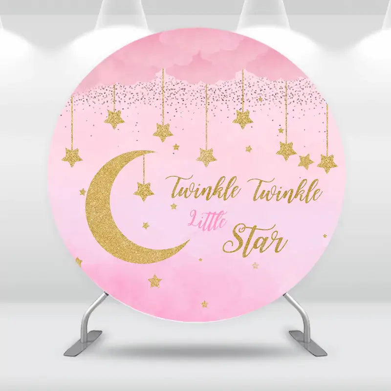 Pink round backdrop featuring gold glitter stars, a crescent moon, and 'Twinkle Twinkle Little Star' text, perfect for baby showers and birthdays.