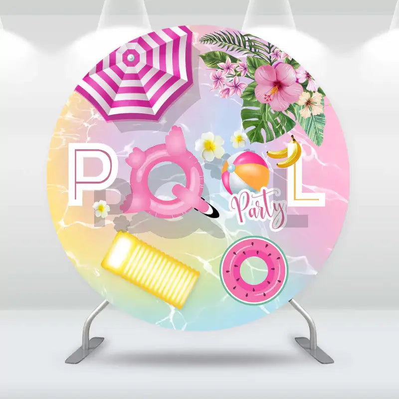 Vibrant round backdrop featuring a pool party theme with tropical elements like floaties, beach balls, and flowers, ideal for poolside events.