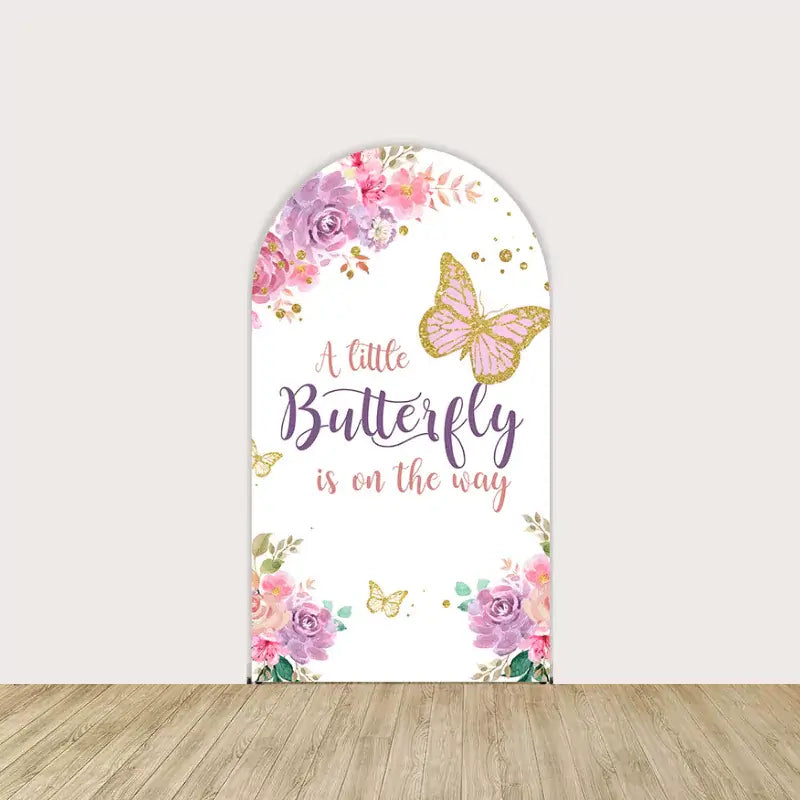 Center backdrop with “A Little Butterfly Is on the Way” text, adorned with butterflies and floral designs in pink and purple hues, ideal for a butterfly-themed baby shower.