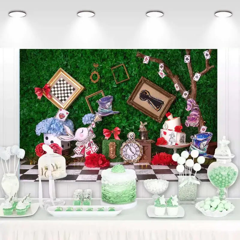 Alice in Wonderland themed party backdrop with green hedge wall, playing cards, tea cups, clocks, and whimsical frames – perfect for mad hatter tea parties and fantasy events
