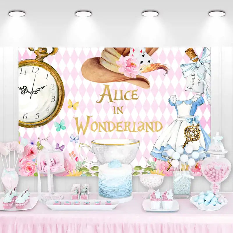 Alice in Wonderland themed birthday backdrop with pink harlequin pattern, Mad Hatter hat, vintage clock, tea cup, blue dress, and floral accents – perfect for whimsical tea parties and kids' celebrations.