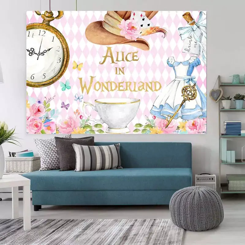 Wonderland themed party banner with classic Alice elements like a pocket watch, blue dress, Mad Hatter hat, and tea cup – great for girls’ birthday parties.