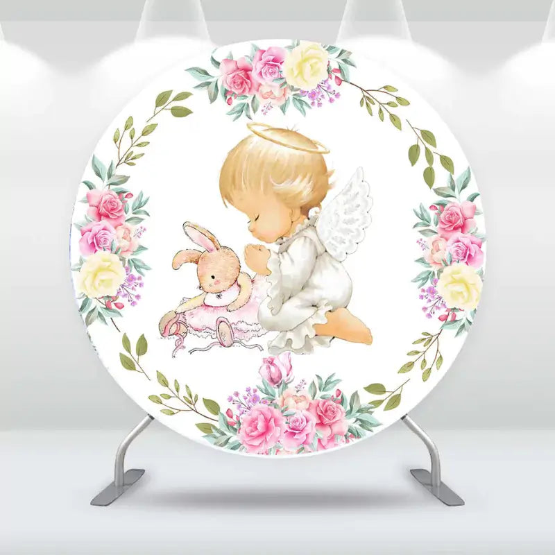 Sweet angel baby with bunny surrounded by pastel flowers – perfect backdrop for a christening or baptism celebration
