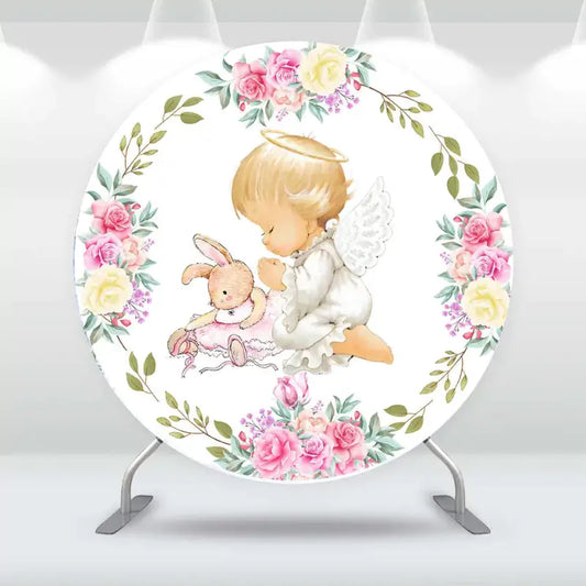 Sweet angel baby with bunny surrounded by pastel flowers – perfect backdrop for a christening or baptism celebration