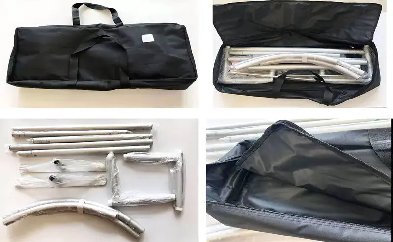 A four-part image showing a black carrying bag for an arch backdrop frame kit. The bag is filled with individually wrapped metal frame pieces, including straight and curved sections. One image shows the bag open with contents visible, and another displays the unpacked frame components neatly laid out. The carrying bag is designed for convenient storage and transport.