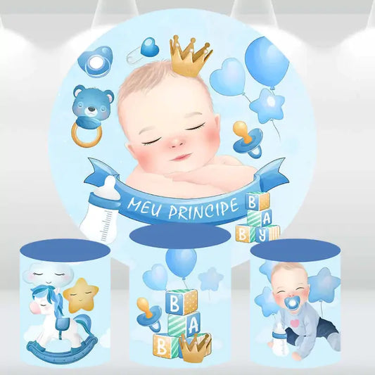 Round backdrop featuring a baby boy with a crown and 'Meu Príncipe' banner, paired with three cylinder covers with rocking horse and toy designs, perfect for baby showers and birthday parties.