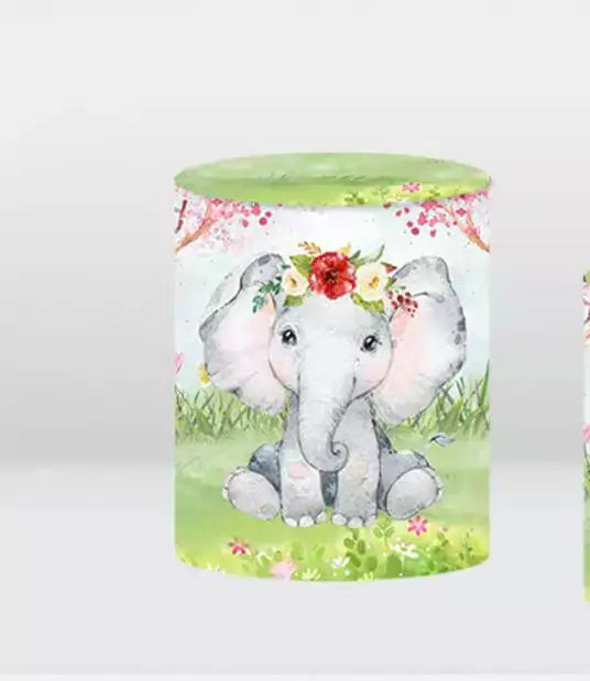 cute baby elephant backdrop cylinder cover with floral crown in jungle scene