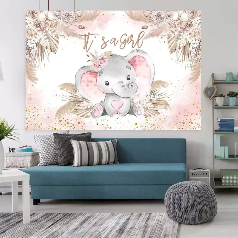 Baby shower backdrop with feminine pink and gold color palette, floral corners, and watercolor elephant – perfect for welcoming a baby girl