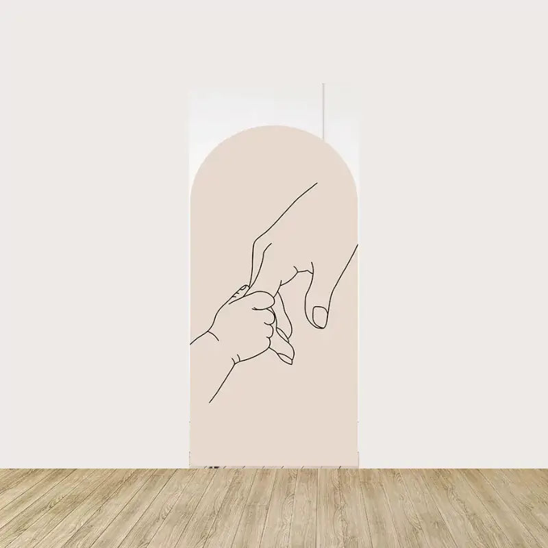 Arch panel with delicate line art of a baby holding an adult finger—symbolizing maternal connection and love.