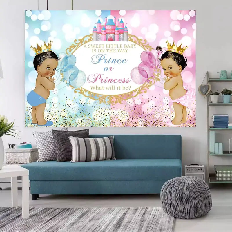 Adorable gender reveal backdrop with a baby, crown, and pink and blue color scheme – ideal for celebrating a prince or princess announcement.