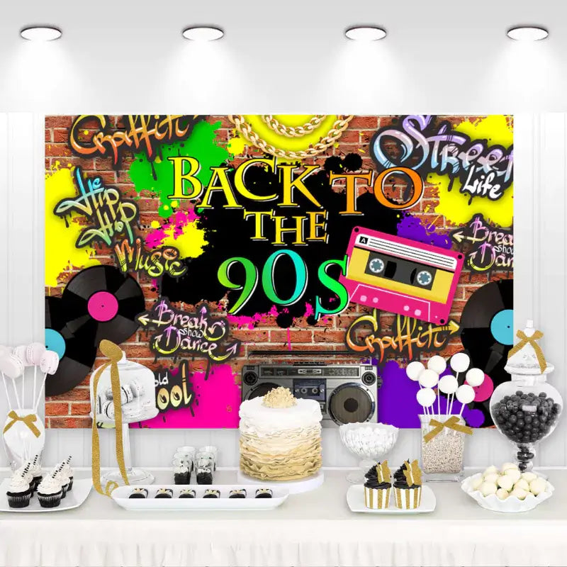 Back to the 90s party backdrop with graffiti, neon colors, cassette tape, and boombox – perfect for 90s-themed events and photo booths
