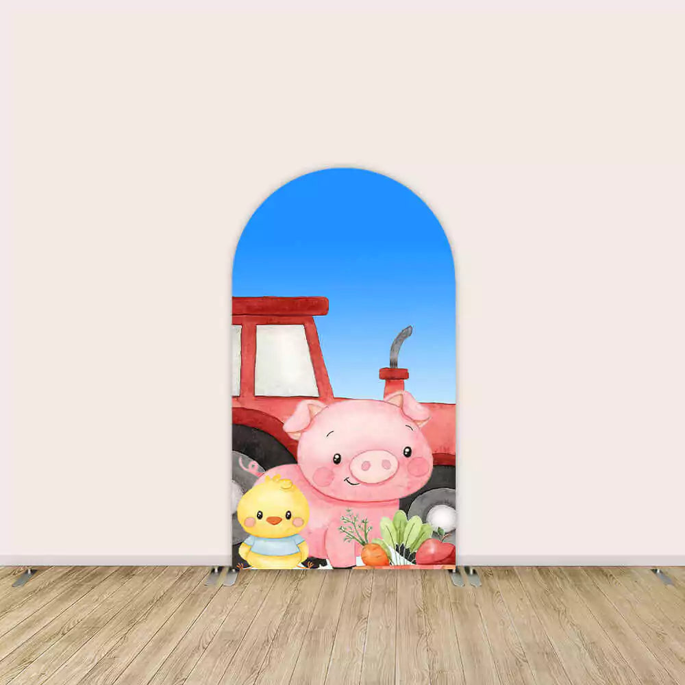 Backdrop featuring a cheerful pig and yellow chick next to a red tractor with fresh vegetables, adding a playful farmyard vibe.