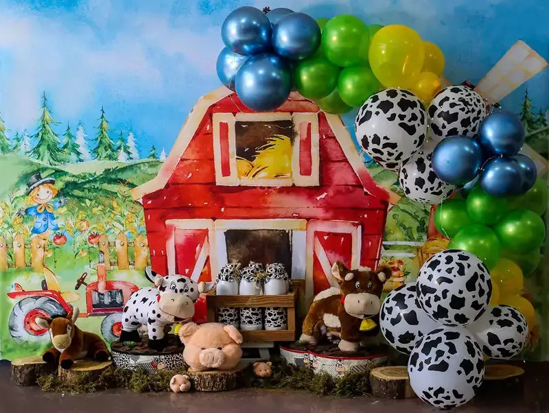 Barnyard birthday backdrop featuring a red barn, farm animals like cow and pig, green forest background, and colorful balloons – ideal for toddler birthday parties