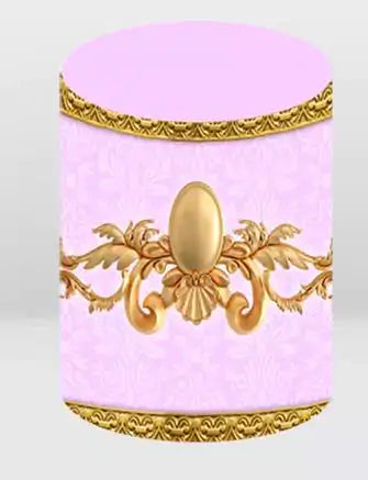 pink backdrop cylinder cover with ornate gold baroque pattern and trim