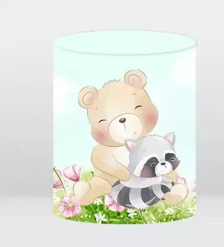 cute bear and raccoon backdrop cylinder cover with floral base