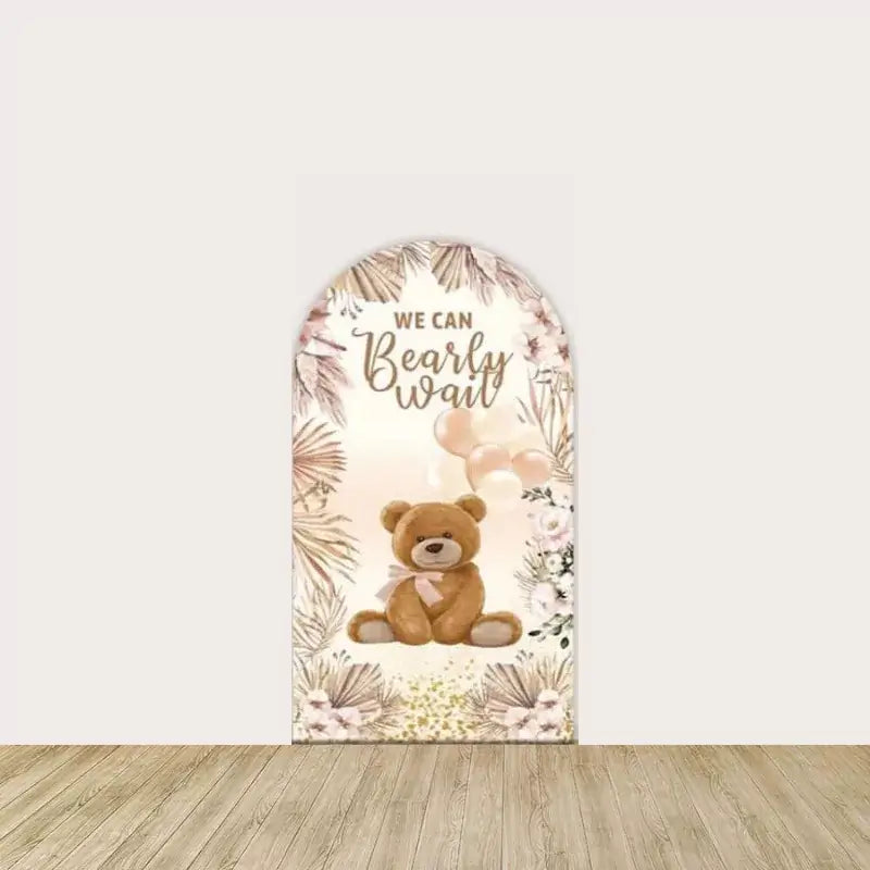 Right panel with “We Can Bearly Wait” script, teddy bear, soft gold balloons, and pampas floral accents—sweet and cozy for shower decor.