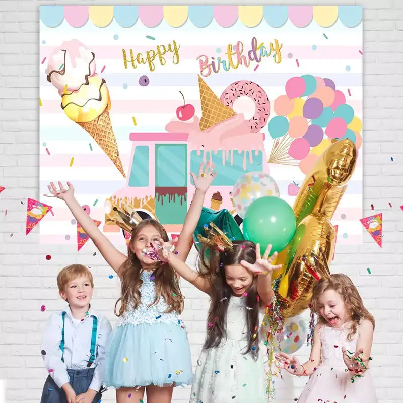 Colorful ice cream truck birthday backdrop with sweet treats, including ice cream, donuts, and balloons – perfect for a birthday party decor.