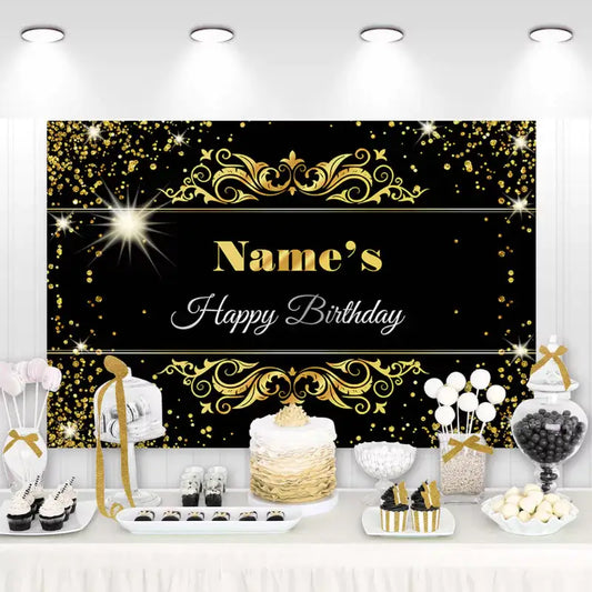 Elegant black and gold birthday backdrop with customizable name, glittering gold confetti, ornate scroll designs, and sparkling lights – perfect for a classy celebration.