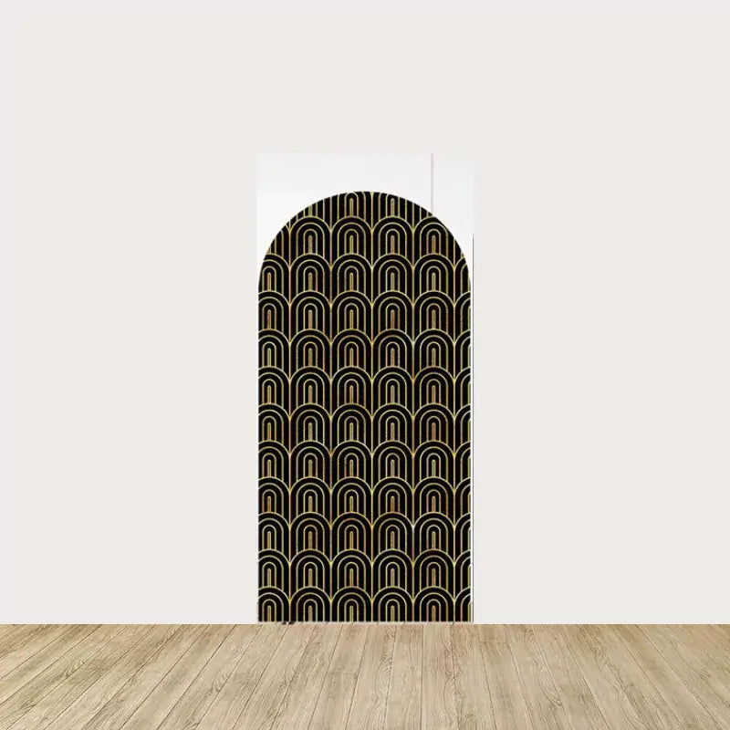 Arch panel featuring a repeating black and gold Art Deco geometric pattern—perfect for Gatsby-themed parties and vintage events.