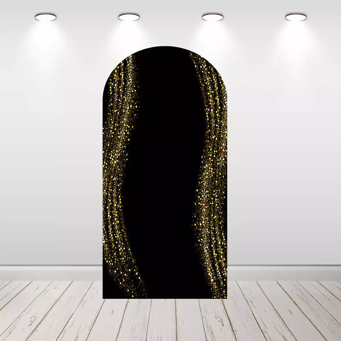 Left panel with a vertical golden glitter wave over a black background—perfect for luxury birthday events and elegant party scenes.