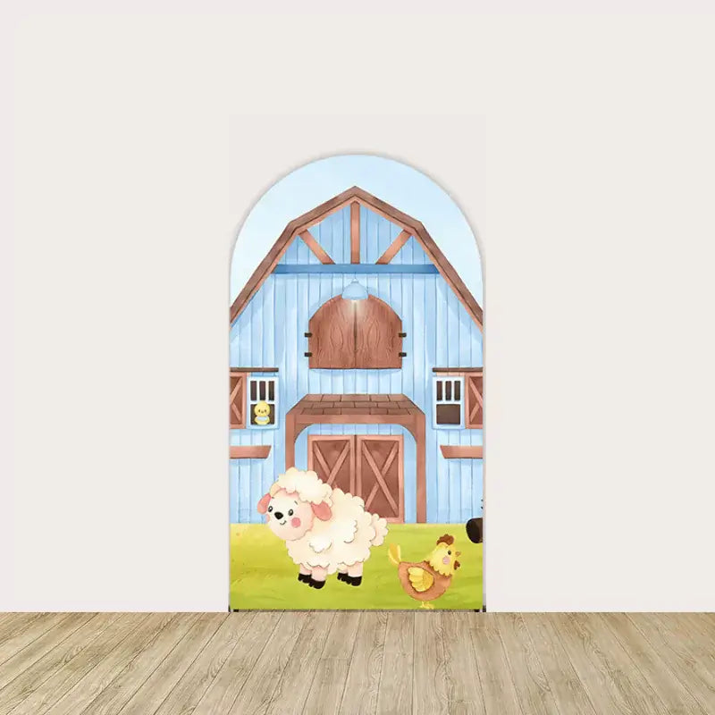 Center panel featuring a blue barn with duck, sheep, and chicken on the grass—ideal for baby showers or farm-themed birthday events.