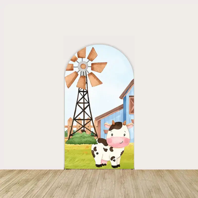 Left panel with brown windmill, smiling cow, green grass, and fence—perfect for farm-themed party decor.