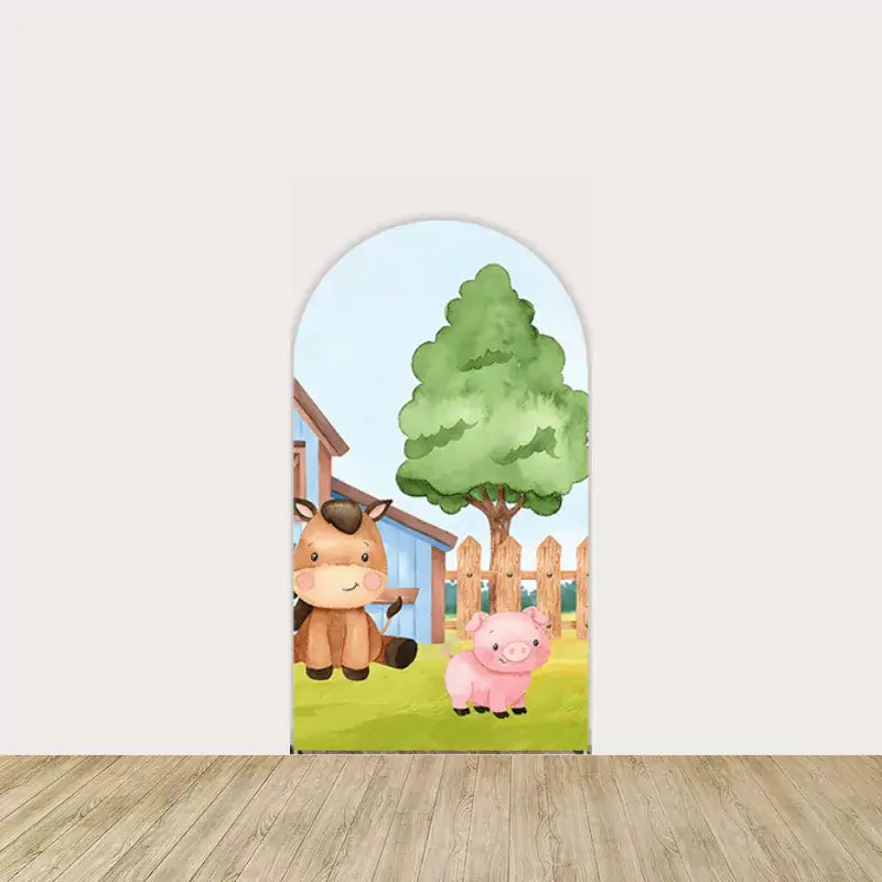 Right panel with a smiling horse and pig under a tree by a wooden fence—charming addition to any barnyard party backdrop.