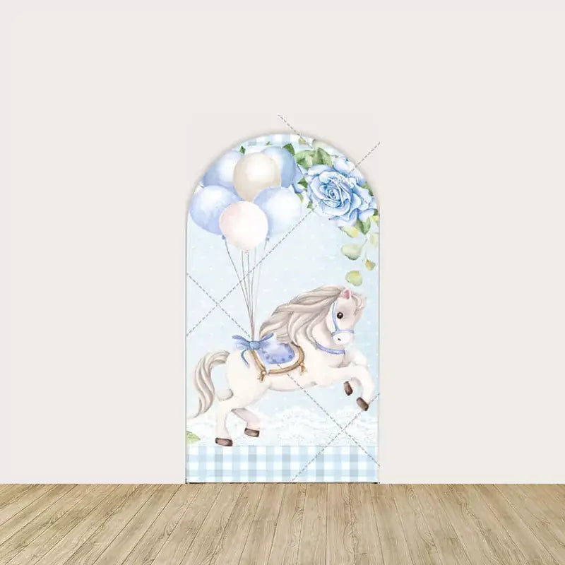Left panel featuring a carousel horse holding pastel blue and cream balloons, framed by blue roses and checkered gingham.