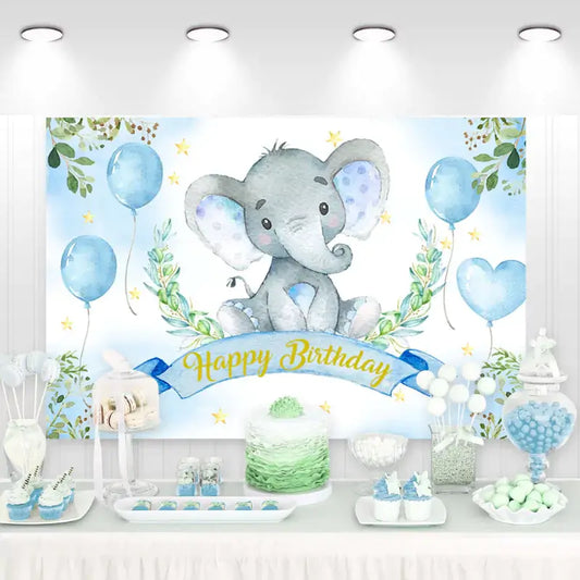 Blue elephant birthday party backdrop with watercolor baby elephant, blue balloons, stars, and greenery – perfect for a boy’s birthday celebration.