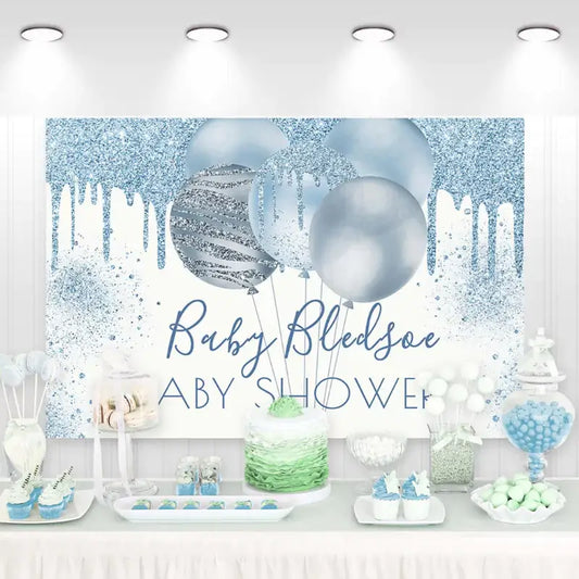 Blue glitter baby shower backdrop with metallic and striped balloons, sparkling drip design, and personalized text – perfect for a baby boy shower.