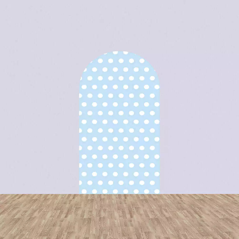 Left panel with soft blue background and white polka dots—perfect for baby showers, boy birthdays, or playful photo booth decor.