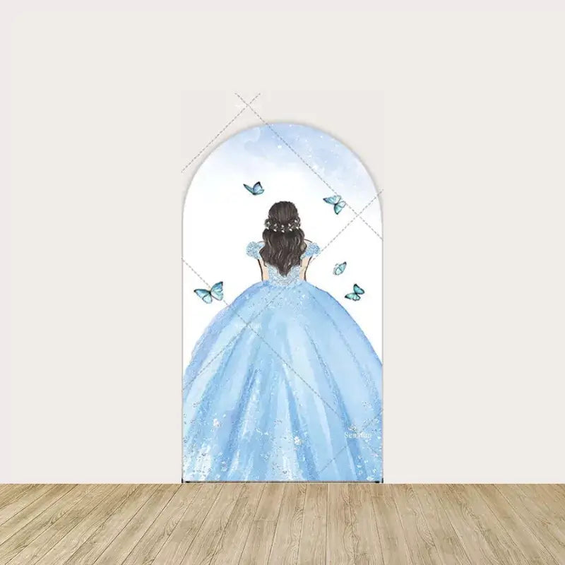 Center panel with a princess in a sparkling blue ball gown and butterflies, viewed from the back—ideal for royal-themed birthdays and events.
