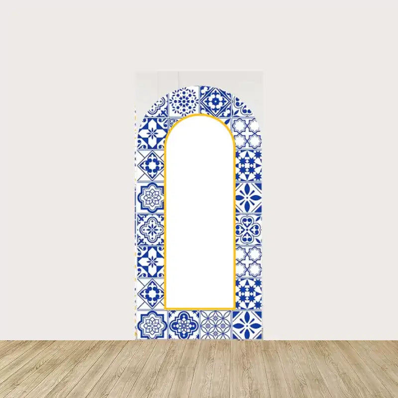 Arch panel with a blue and white tile pattern featuring an arched white space outlined in yellow—ideal for custom signage or photo ops at events.