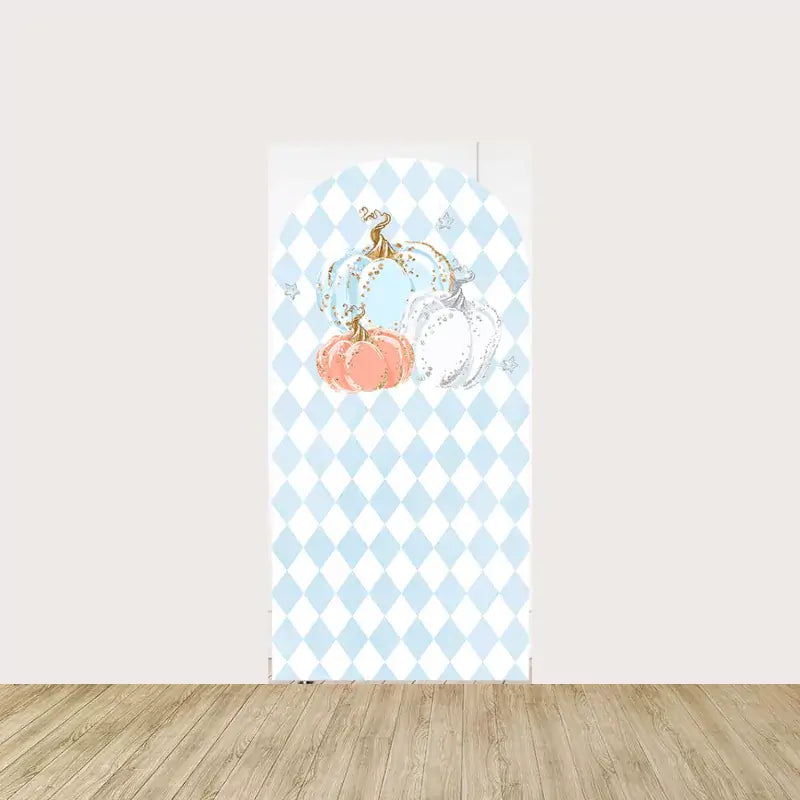 Arch panel with light blue diamond pattern and three pumpkins in peach, white, and blue glitter style—perfect for fairytale birthday themes.