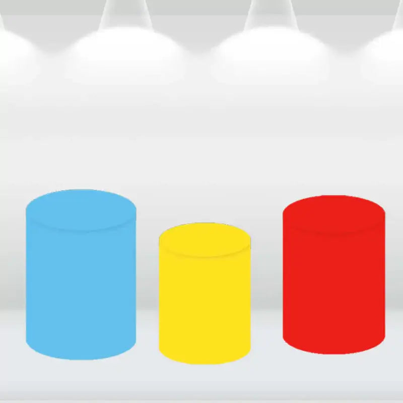 Three primary color cylinder covers in blue, yellow, and red for event decoration