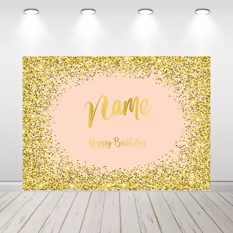 Blush pink and gold glitter birthday backdrop with sparkling confetti border and custom name area – perfect for elegant girls’ birthday celebrations