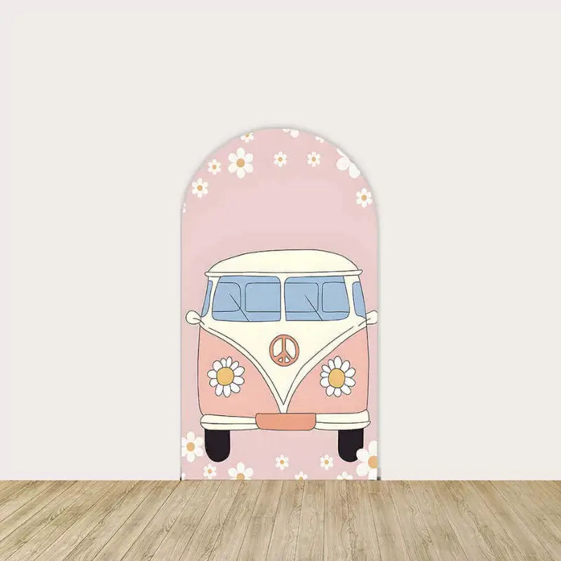 Boho-style retro van with peace symbol and white daisies on blush background.