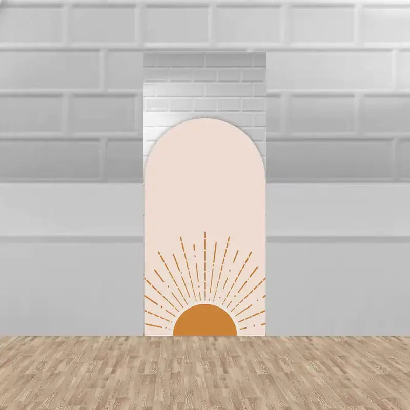 Left panel with modern boho sunburst in earthy tones on a soft beige background—ideal for warm-toned baby shower or maternity event themes.