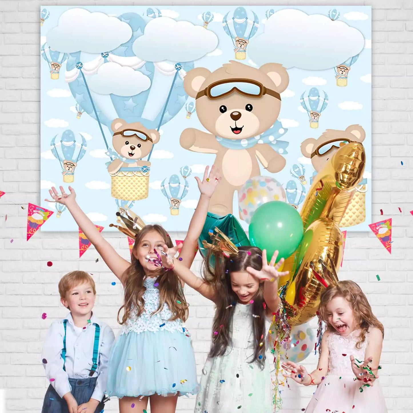 Cute aviator teddy bear backdrop featuring hot air balloons, fluffy clouds, and pastel blue sky – ideal for little boys’ birthday celebrations.