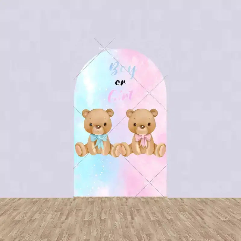 Center panel with two baby bears wearing blue and pink bows on a pastel ombré sky with “Boy or Girl” lettering—perfect reveal centerpiece.