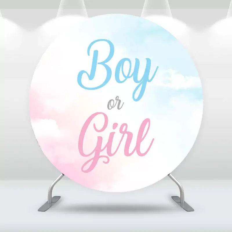 Round gender reveal backdrop with pastel pink and blue clouds and ‘Boy or Girl’ text – perfect for baby gender reveal parties and photo booths