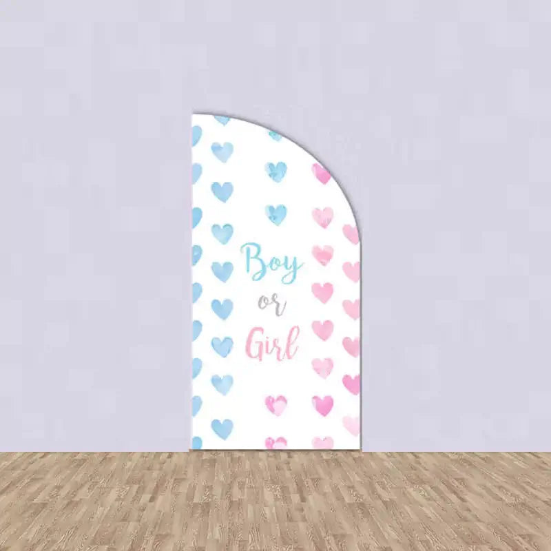 Right panel with “Boy or Girl” text surrounded by pink and blue watercolor hearts – ideal for gender reveal photo background.