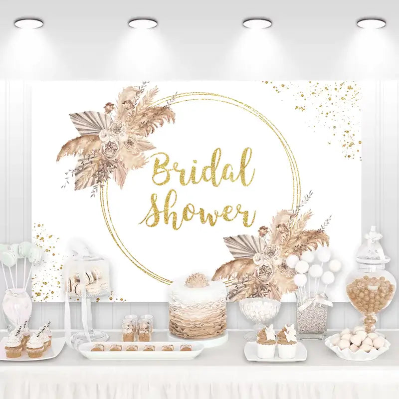 Elegant Bridal Shower backdrop with gold glitter text and soft floral arrangements – perfect for a chic bridal celebration.
