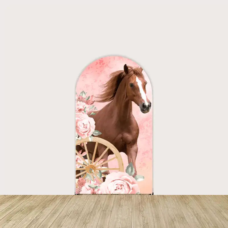 Arch panel with a realistic brown horse, pale pink floral roses, and a wooden wagon wheel over soft pink background.